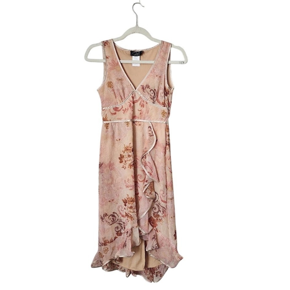 VINTAGE CDC Peach Floral Asymmetrical Ruffle Midi Dress Fairycore Cottagecore 2P